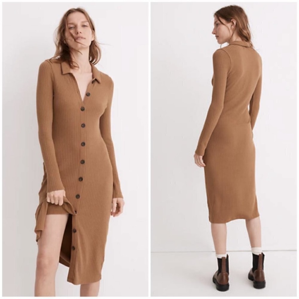 Madewell Fitted Ribbed Button-Up Sweater Dress Camel Tan Large NWT Retail $110